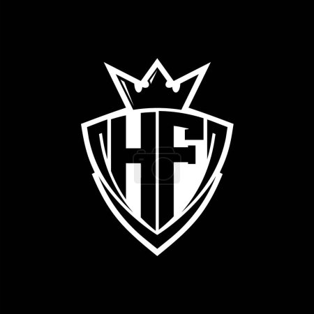 Logotipo de letra en negrita HF con forma de escudo triangular afilado con corona dentro del contorno blanco en el diseño de la plantilla de fondo negro