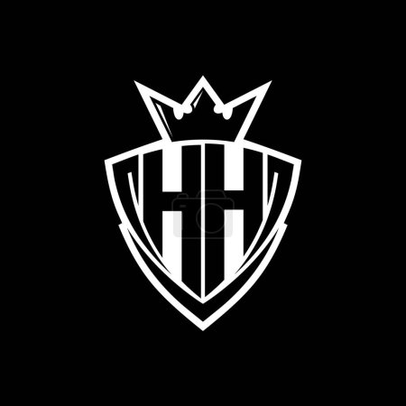 HH Bold letter logo with sharp triangle shield shape with crown inside white outline on black background template design