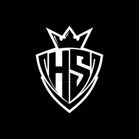 HS Bold letter logo with sharp triangle shield shape with crown inside white outline on black background template design