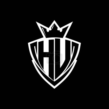 HU Bold letter logo with sharp triangle shield shape with crown inside white outline on black background template design