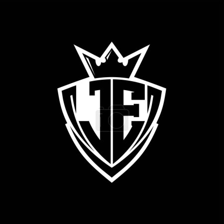 Logo de letra JE Bold con forma de escudo triangular afilado con corona dentro del contorno blanco en el diseño de la plantilla de fondo negro