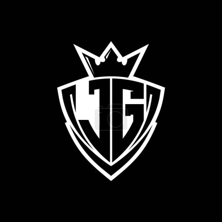 Logo de letra JG Bold con forma de escudo triangular afilado con corona dentro del contorno blanco en el diseño de la plantilla de fondo negro