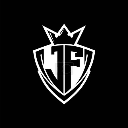 Foto de Logotipo de letra JF Bold con forma de escudo triangular afilado con corona dentro del contorno blanco en el diseño de la plantilla de fondo negro - Imagen libre de derechos