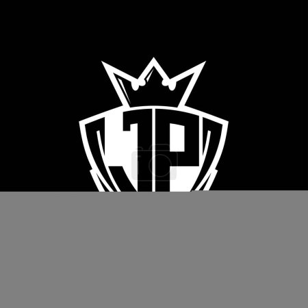 JP Bold letter logo with sharp triangle shield shape with crown inside white outline on black background template design