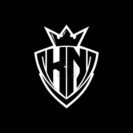 Logotipo de letra negrita KN con forma de escudo triangular afilado con corona dentro del contorno blanco en el diseño de la plantilla de fondo negro