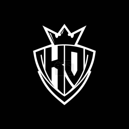 Logotipo de letra negrita KO con forma de escudo triangular afilado con corona dentro del contorno blanco en el diseño de la plantilla de fondo negro