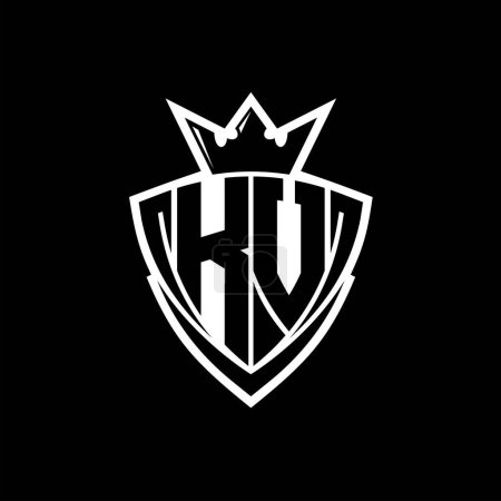 KV Bold Letter Logo mit scharfem Dreieck Schildform mit Krone innen weißen Umriss auf schwarzem Hintergrund Vorlage Design