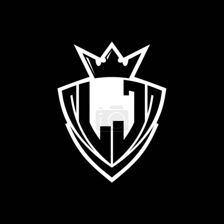 Logotipo de la letra en negrita de LJ con forma de escudo triangular afilado con corona dentro del contorno blanco en el diseño de la plantilla de fondo negro
