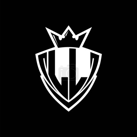 LL Logo letra negrita con forma de escudo triangular afilado con corona dentro del contorno blanco en el diseño de la plantilla de fondo negro