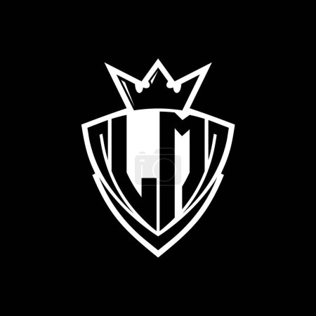 Logotipo de letra en negrita LM con forma de escudo triangular afilado con corona dentro del contorno blanco en el diseño de la plantilla de fondo negro