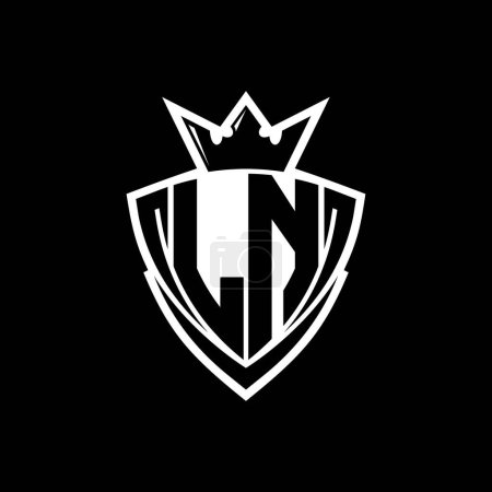 LN Fettes Buchstaben-Logo mit scharfem Dreieck Schildform mit Krone innen weißen Umriss auf schwarzem Hintergrund Vorlage Design