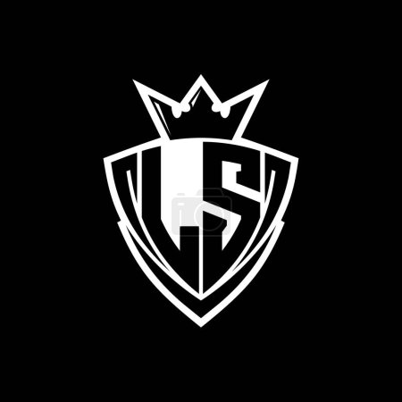 LS Kühnes Buchstaben-Logo mit scharfem Dreieck Schildform mit Krone innen weißen Umriss auf schwarzem Hintergrund Vorlage Design