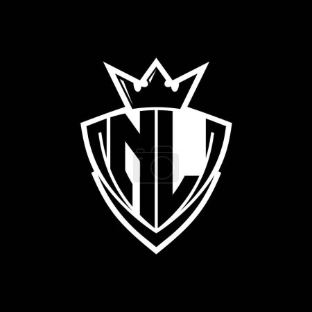 NL Logo de letra negrita con forma de escudo triangular afilado con corona dentro del contorno blanco en el diseño de la plantilla de fondo negro