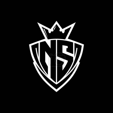 NS Bold letter logo with sharp triangle shield shape with crown inside white outline on black background template design