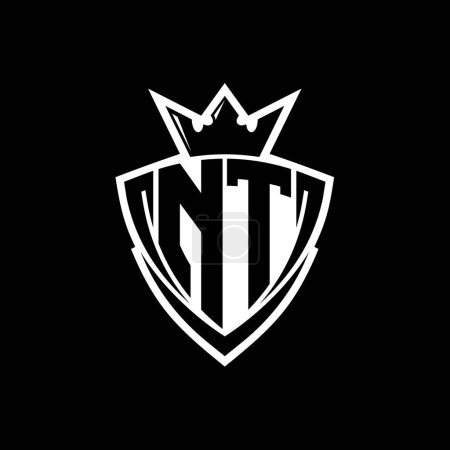 NT Bold letter logo with sharp triangle shield shape with crown inside white outline on black background template design