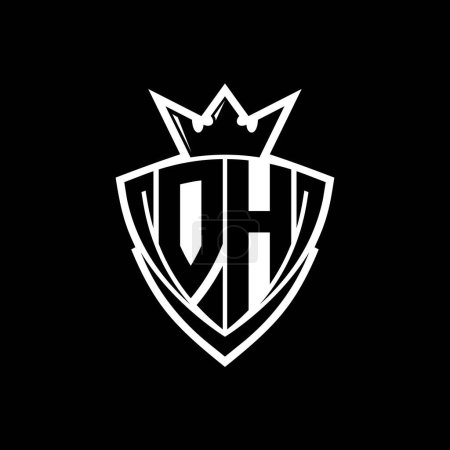 OH Bold letter logo with sharp triangle shield shape with crown inside white outline on black background template design