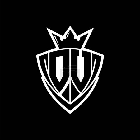 OV Negrita logotipo de la letra con forma de escudo triángulo afilado con corona dentro del contorno blanco en el diseño de la plantilla de fondo negro