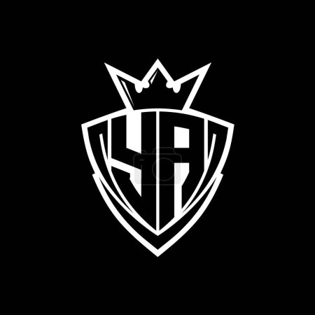 Logotipo de letra negrita YA con forma de escudo triangular afilado con corona dentro del contorno blanco en el diseño de la plantilla de fondo negro