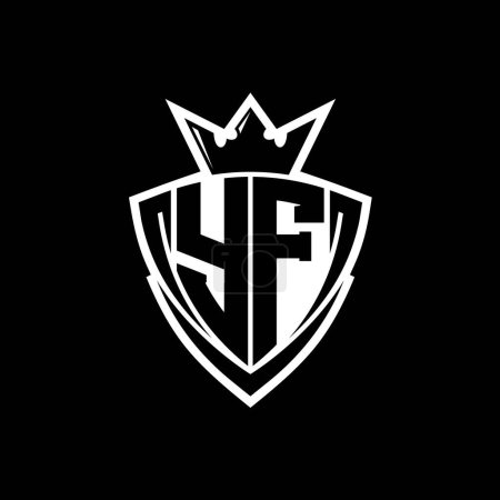 YF Fettes Buchstaben-Logo mit scharfem Dreieck Schildform mit Krone innen weißer Umriss auf schwarzem Hintergrund Vorlage Design