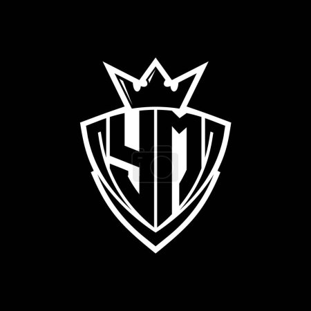 YM logo lettre audacieuse avec forme de bouclier triangle pointu avec couronne à l'intérieur contour blanc sur fond noir modèle de conception