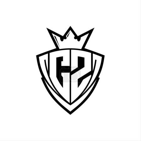 Logo de letra en negrita CZ con forma de escudo de triángulo afilado con corona dentro del contorno blanco en el diseño de la plantilla de fondo blanco