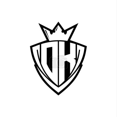 Logotipo de letra en negrita DK con forma de escudo triangular afilado con corona dentro del contorno blanco en el diseño de la plantilla de fondo blanco