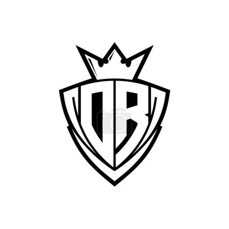 Logo de letra negrita DR con forma de escudo triangular afilado con corona dentro del contorno blanco en el diseño de la plantilla de fondo blanco