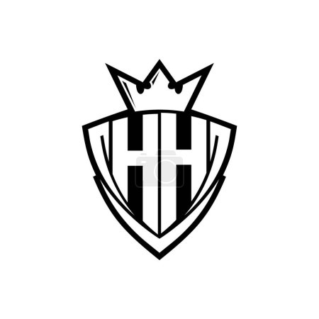 Logotipo de letra en negrita de HH con forma de escudo de triángulo afilado con corona dentro del contorno blanco en el diseño de plantilla de fondo blanco