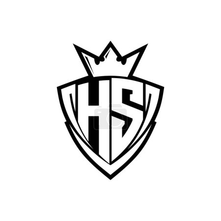 Logo de letra en negrita HS con forma de escudo triangular afilado con corona dentro del contorno blanco en el diseño de la plantilla de fondo blanco