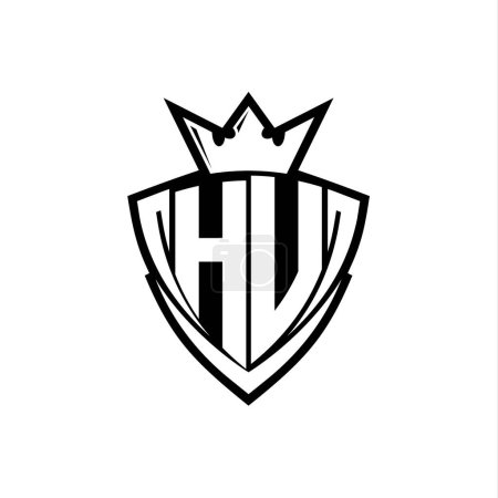 Logo de letra en negrita HU con forma de escudo triangular afilado con corona dentro del contorno blanco en el diseño de la plantilla de fondo blanco