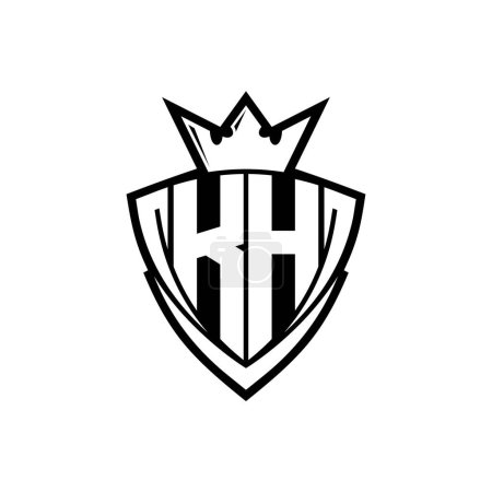 Logotipo de letra en negrita KH con forma de escudo triangular afilado con corona dentro del contorno blanco en el diseño de la plantilla de fondo blanco