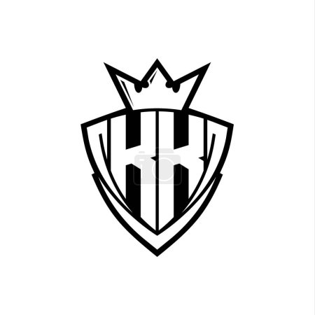 Logotipo de letra negrita KK con forma de escudo triangular afilado con corona dentro del contorno blanco en el diseño de la plantilla de fondo blanco