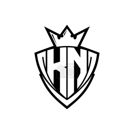Logotipo de letra negrita KN con forma de escudo de triángulo afilado con corona dentro del contorno blanco en el diseño de la plantilla de fondo blanco