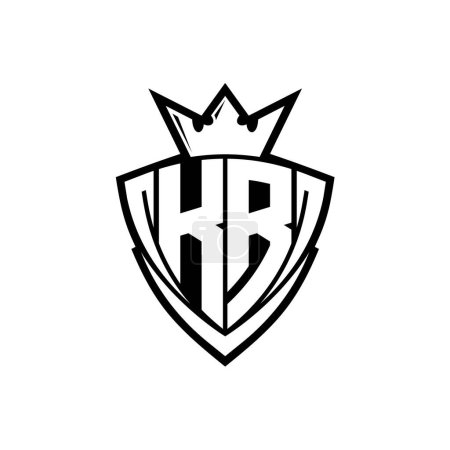 Logotipo de letra en negrita KR con forma de escudo triangular afilado con corona dentro del contorno blanco en el diseño de la plantilla de fondo blanco