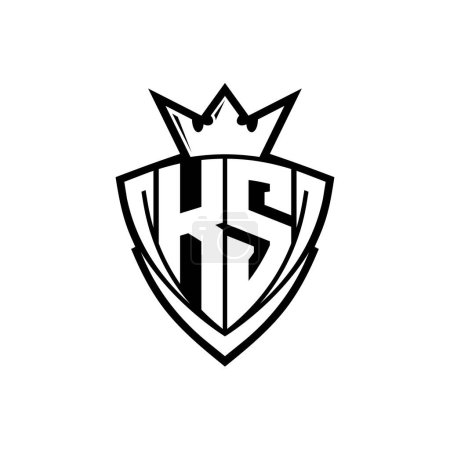 Logo de letra en negrita KS con forma de escudo triangular afilado con corona dentro del contorno blanco en el diseño de la plantilla de fondo blanco