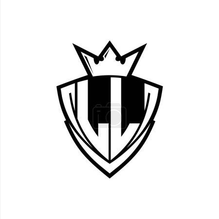 LL Logo lettre audacieuse avec forme de bouclier triangle pointu avec couronne à l'intérieur contour blanc sur fond blanc modèle de conception