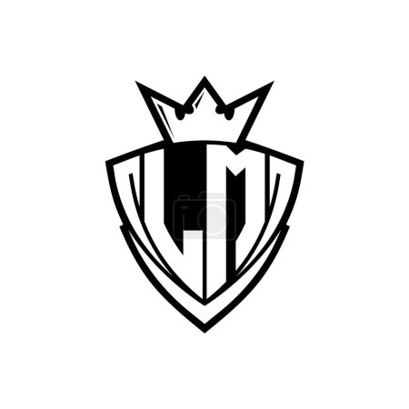 Logotipo de letra en negrita LM con forma de escudo triangular afilado con corona dentro del contorno blanco en el diseño de la plantilla de fondo blanco