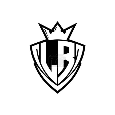 Logotipo de letra en negrita LR con forma de escudo triangular afilado con corona dentro del contorno blanco en el diseño de la plantilla de fondo blanco