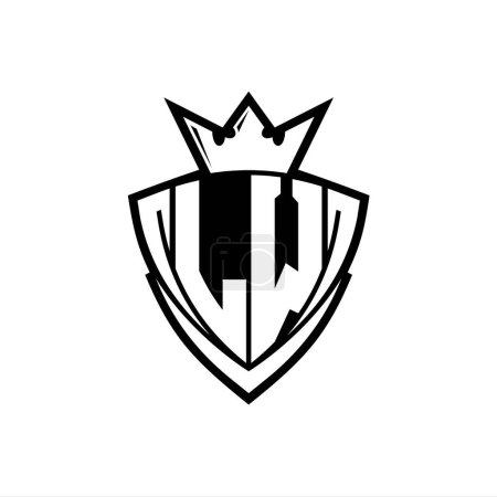 Logotipo de letra LW Bold con forma de escudo triangular afilado con corona dentro del contorno blanco en el diseño de la plantilla de fondo blanco