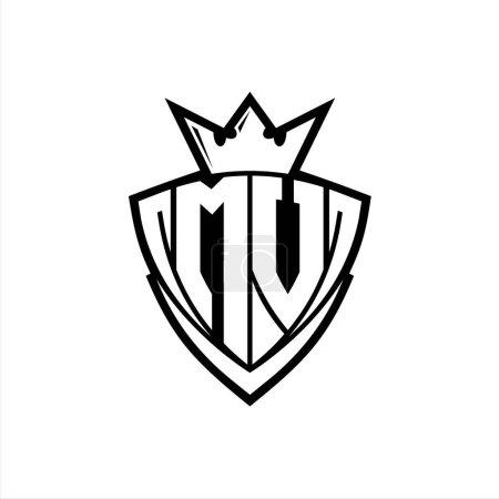 Foto de Logo de la letra MV Bold con forma de escudo triangular afilado con corona dentro del contorno blanco en el diseño de la plantilla de fondo blanco - Imagen libre de derechos