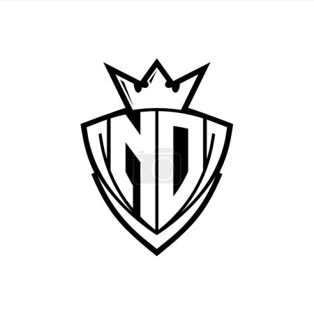 Logo de letra negrita ND con forma de escudo de triángulo afilado con corona dentro del contorno blanco en el diseño de la plantilla de fondo blanco