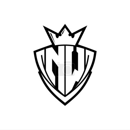 Logo de letra negrita NW con forma de escudo de triángulo afilado con corona dentro del contorno blanco en el diseño de la plantilla de fondo blanco