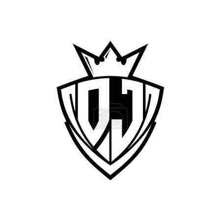 OJ Bold Buchstabe Logo mit scharfem Dreieck Schildform mit Krone innen weißen Umriss auf weißem Hintergrund Vorlage Design