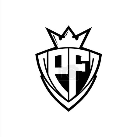 PF Bold letter logo with sharp triangle shield shape with crown inside white outline on white background template design