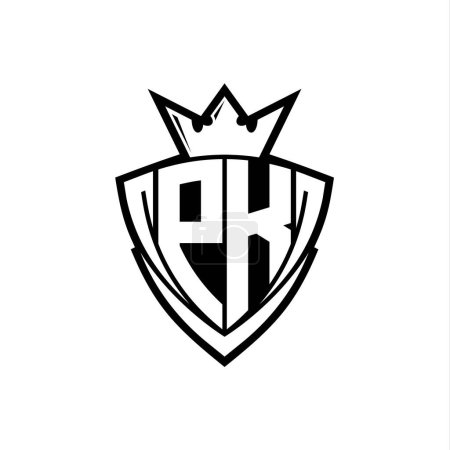 Logotipo de la letra en negrita PK con forma de escudo triangular afilado con corona dentro del contorno blanco en el diseño de la plantilla de fondo blanco