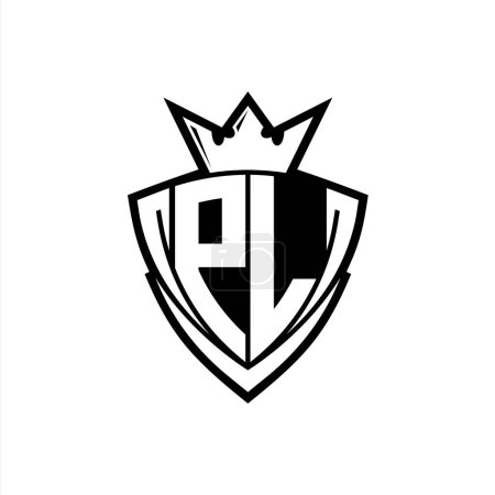 Logotipo de letra negrita PL con forma de escudo triangular afilado con corona dentro del contorno blanco en el diseño de la plantilla de fondo blanco