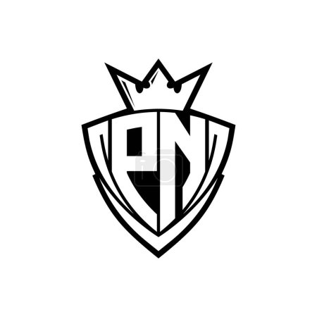 PN Fettes Buchstaben-Logo mit scharfem Dreieck Schildform mit Krone innen weißen Umriss auf weißem Hintergrund Vorlage Design