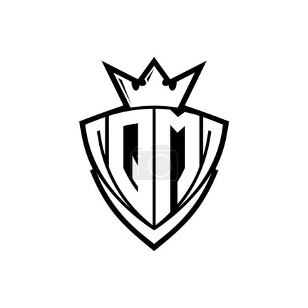 Logo de letra en negrita QM con forma de escudo de triángulo afilado con corona dentro del contorno blanco en el diseño de la plantilla de fondo blanco