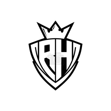 Logotipo de letra en negrita RH con forma de escudo triangular afilado con corona dentro del contorno blanco en el diseño de la plantilla de fondo blanco