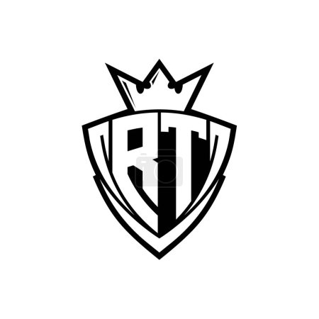 RT Bold letter logo with sharp triangle shield shape with crown inside white outline on white background template design